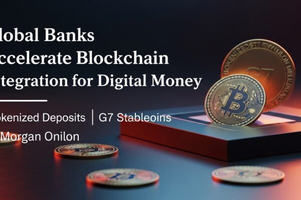 A network of interconnected digital nodes representing blockchain technology, with silhouettes of global banking buildings in the background, symbolizing the integration of traditional finance with distributed ledger technology.