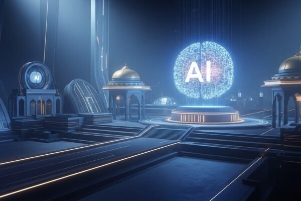 Google’s $15 Billion AI Hub Investment in India An aerial view of a futuristic data center facility at dusk, symbolizing Google's new AI hub investment in Visakhapatnam, India.