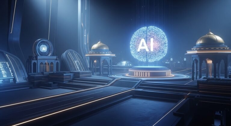 An aerial view of a futuristic data center facility at dusk, symbolizing Google's new AI hub investment in Visakhapatnam, India.