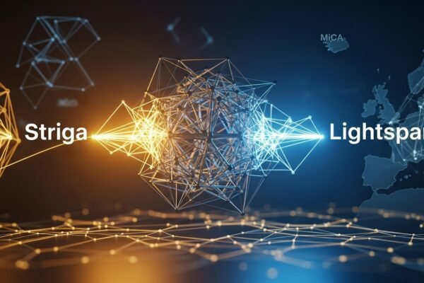 Lightspark Acquires Striga to Bolster Compliant Bitcoin Payments in Europe A graphic symbolizing the integration of Lightspark and Striga, showing Bitcoin and European Union flags, representing compliant digital asset payments.