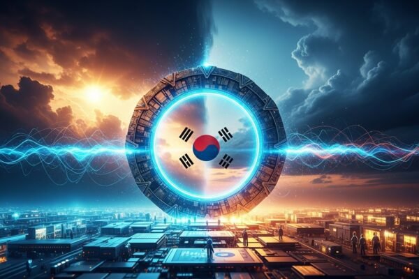 A conceptual image showing microchips integrated with global network lines, representing the strategic partnership between OpenAI and South Korean semiconductor companies for the Stargate AI project.