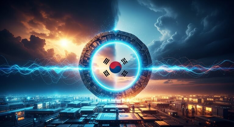 A conceptual image showing microchips integrated with global network lines, representing the strategic partnership between OpenAI and South Korean semiconductor companies for the Stargate AI project.