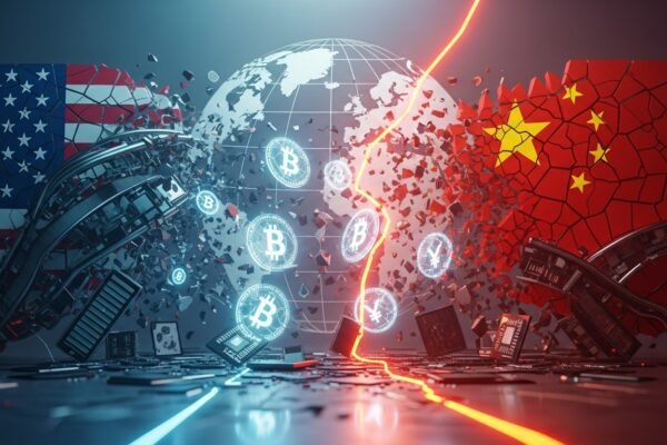 Trump’s Tariffs: Tech & Crypto Markets Rocked by US-China Trade War A digital illustration depicting trade graphs showing volatility, with US and China flags intertwined, symbolizing the impact of tariffs on tech and crypto markets.