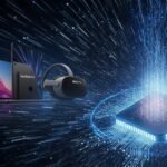 A close-up view of the intricate Apple M5 chip, highlighting its advanced 3-nanometer architecture and numerous cores, symbolizing next-generation performance and AI capabilities.