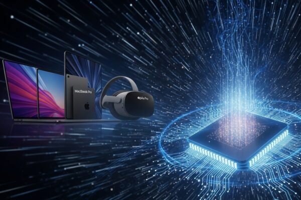 Apple M5 Chip Unveiled: Powering Next-Gen MacBook Pro, iPad Pro, and Vision Pro A close-up view of the intricate Apple M5 chip, highlighting its advanced 3-nanometer architecture and numerous cores, symbolizing next-generation performance and AI capabilities.