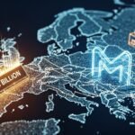 An abstract digital representation of a house with blockchain connections, symbolizing MQube's tokenization of mortgage debt in Europe.