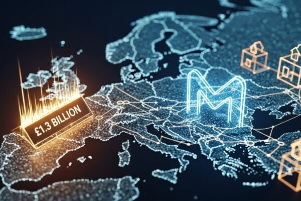 MQube Tokenizes £1.3 Billion Mortgage Debt in Europe An abstract digital representation of a house with blockchain connections, symbolizing MQube's tokenization of mortgage debt in Europe.