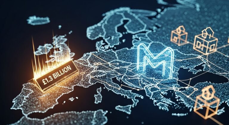 An abstract digital representation of a house with blockchain connections, symbolizing MQube's tokenization of mortgage debt in Europe.