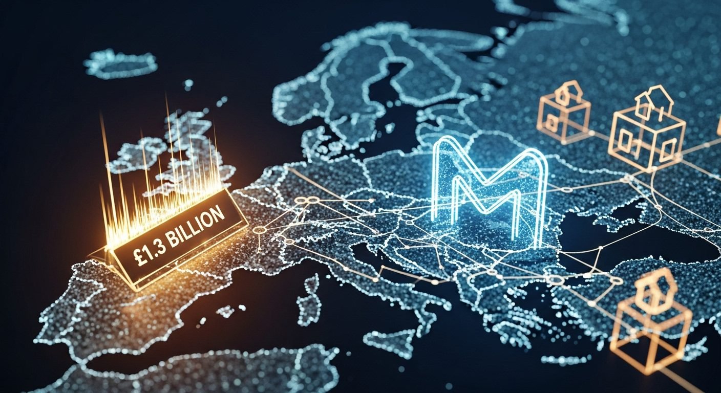 An abstract digital representation of a house with blockchain connections, symbolizing MQube's tokenization of mortgage debt in Europe.