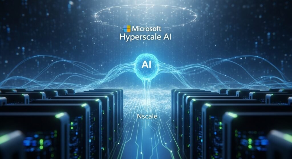 A conceptual image showing data centers, GPUs, and the logos of Nscale, Microsoft, and NVIDIA, representing their $14 billion AI infrastructure partnership.