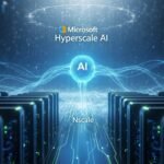 A conceptual image showing data centers, GPUs, and the logos of Nscale, Microsoft, and NVIDIA, representing their $14 billion AI infrastructure partnership.