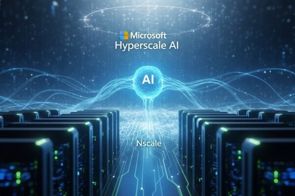 Nscale & Microsoft Ink $14B NVIDIA GB300 AI Infrastructure Deal A conceptual image showing data centers, GPUs, and the logos of Nscale, Microsoft, and NVIDIA, representing their $14 billion AI infrastructure partnership.