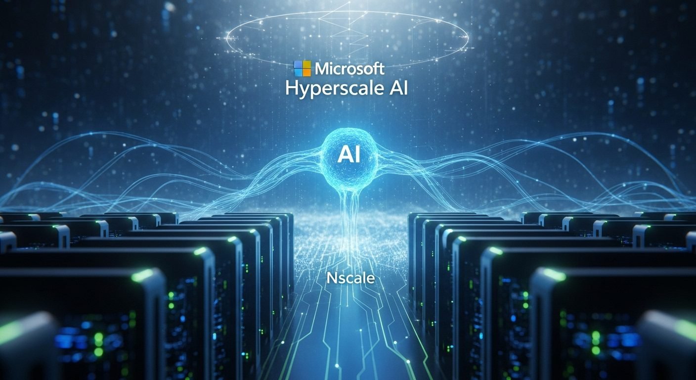 A conceptual image showing data centers, GPUs, and the logos of Nscale, Microsoft, and NVIDIA, representing their $14 billion AI infrastructure partnership.