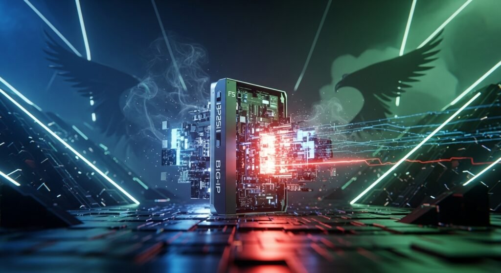 An abstract digital representation of data security, illustrating a network under threat, symbolizing the F5 nation-state cyber attack.