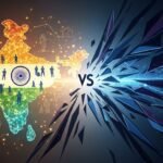 A stylized digital illustration showing a secure network overlaying a map of India, representing the challenges of cybersecurity amidst rapid fintech growth.