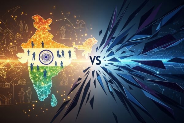 India’s Fintech Boom Confronts Rising Cyber Threats A stylized digital illustration showing a secure network overlaying a map of India, representing the challenges of cybersecurity amidst rapid fintech growth.