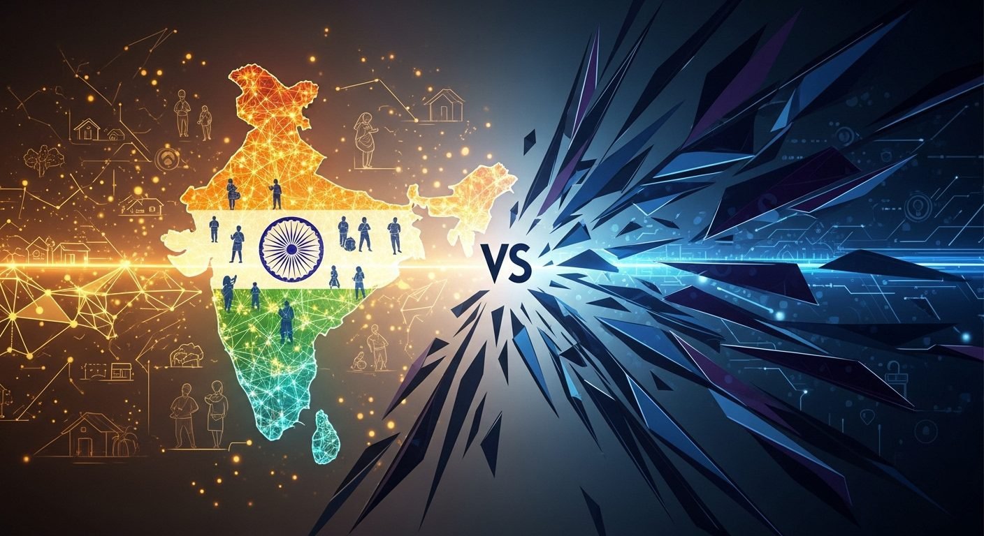 A stylized digital illustration showing a secure network overlaying a map of India, representing the challenges of cybersecurity amidst rapid fintech growth.