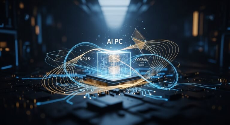 An intricate close-up of Intel's Panther Lake processor die, showcasing its multi-chiplet architecture and advanced 18A process technology.