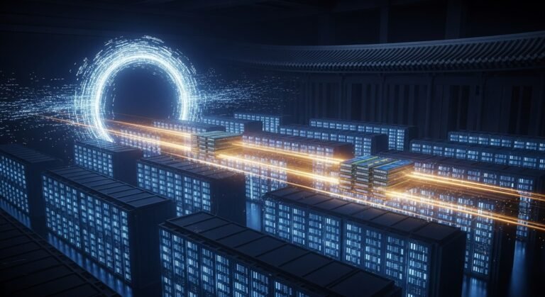 High-angle view of an advanced semiconductor wafer, symbolizing the critical role of memory chips in AI development.