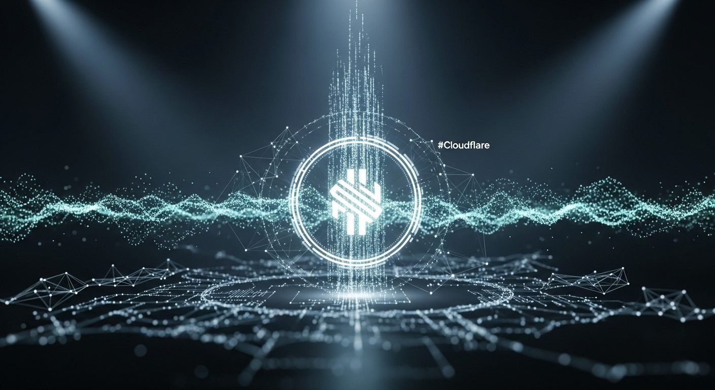A conceptual image showing Cloudflare's network infrastructure with digital currency symbols and AI-driven processes, representing the NET Dollar stablecoin.